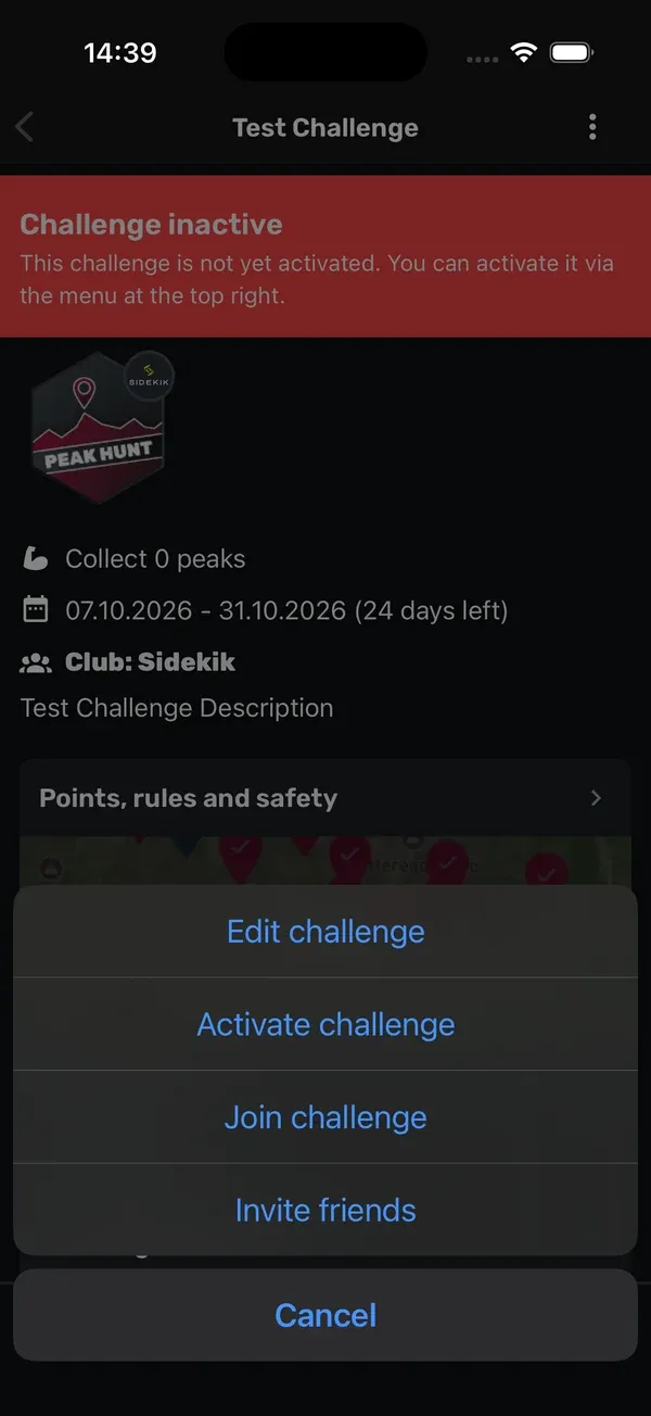 Challenge-Menü mit Edit challenge, Activate challenge, Join challenge und Invite friends