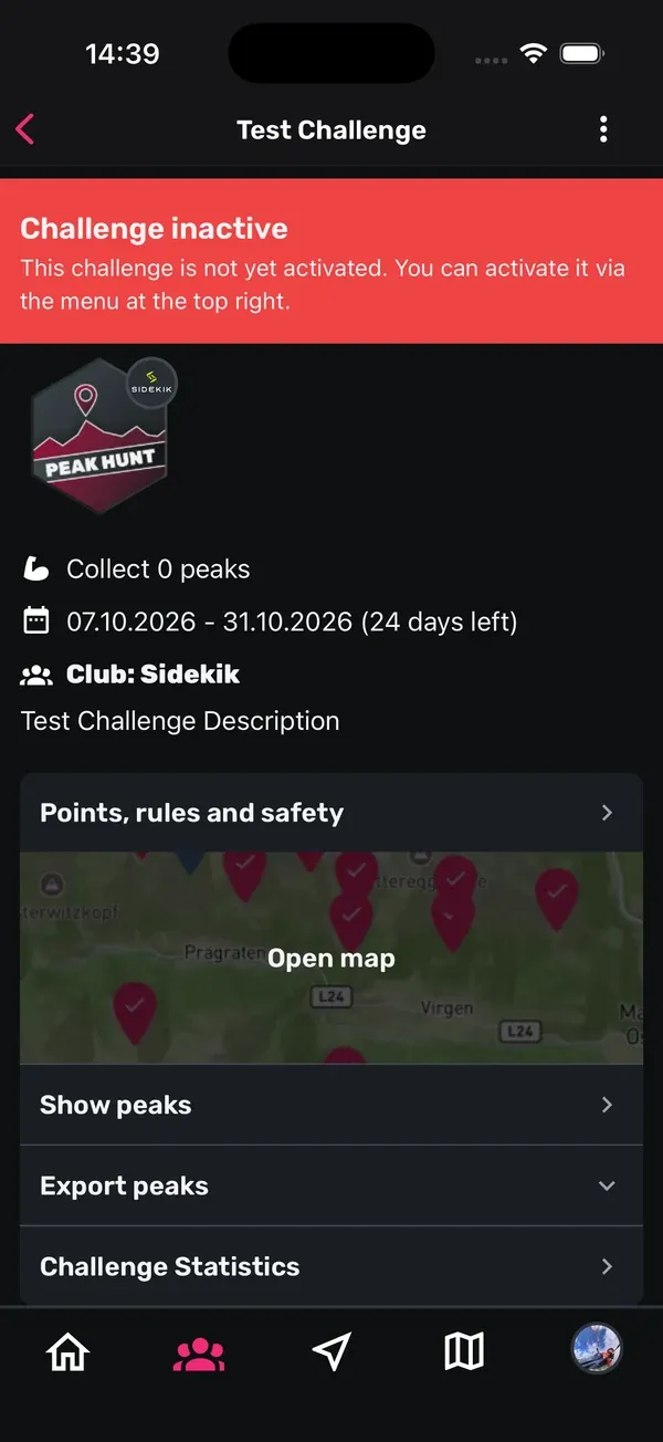 Neue Challenge mit dem roten Banner „Challenge inactive“