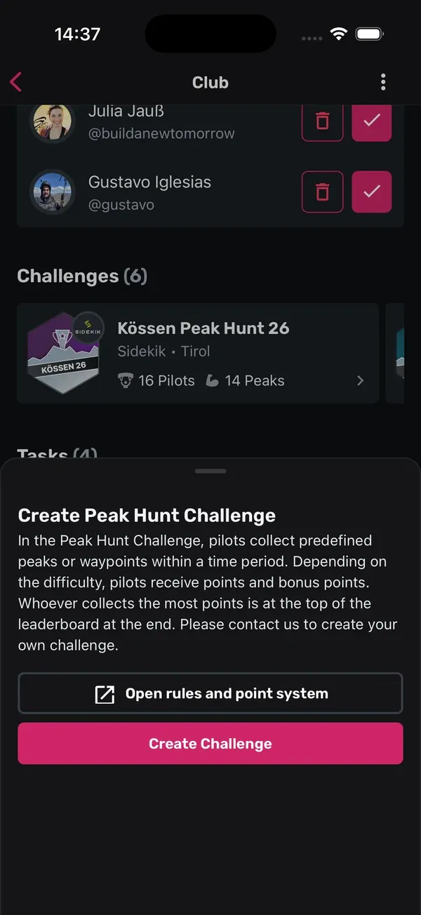 Sheet „Create Peak Hunt Challenge“ mit dem Button Create Challenge
