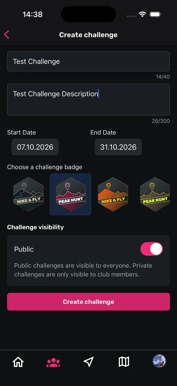 Bildschirm „Create challenge“ mit Titel, Beschreibung, Datum, Badge und dem Schalter Public