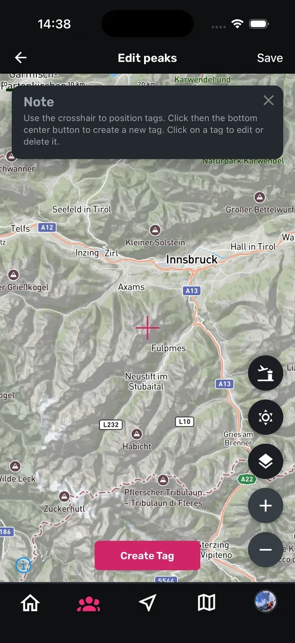 Bildschirm „Edit peaks“ mit dem Fadenkreuz auf der Karte und dem Button Create Tag