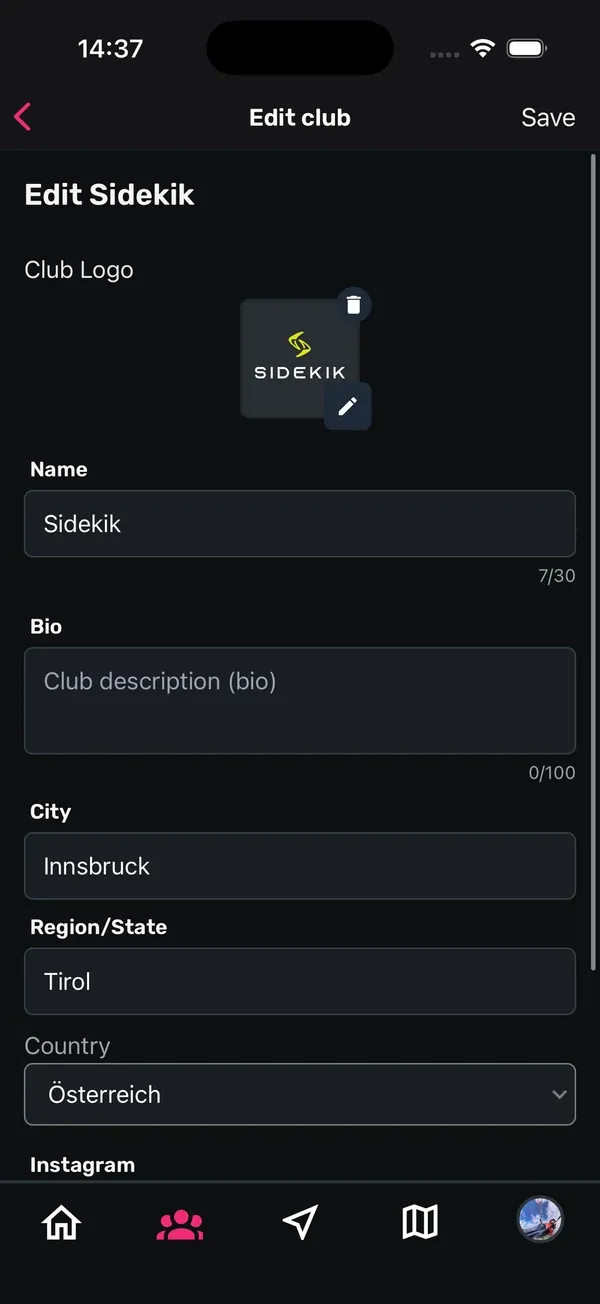 Bildschirm „Edit club“ mit Logo, Name, Bio, City, Region/State und Country