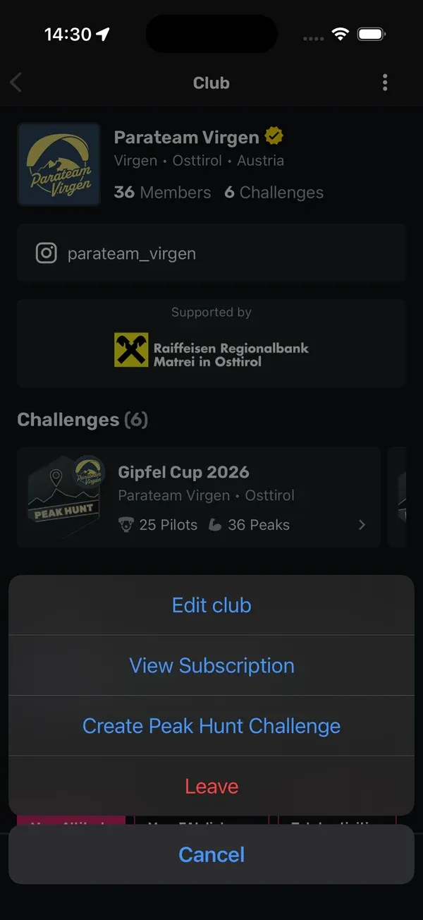 Club-Menü mit Edit club, View Subscription, Create Peak Hunt Challenge und Leave