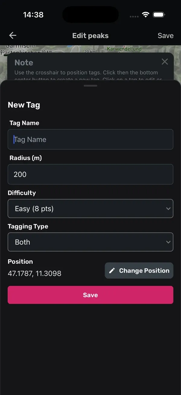 Sheet „New Tag“ mit Tag Name, Radius, Difficulty, Tagging Type und Position