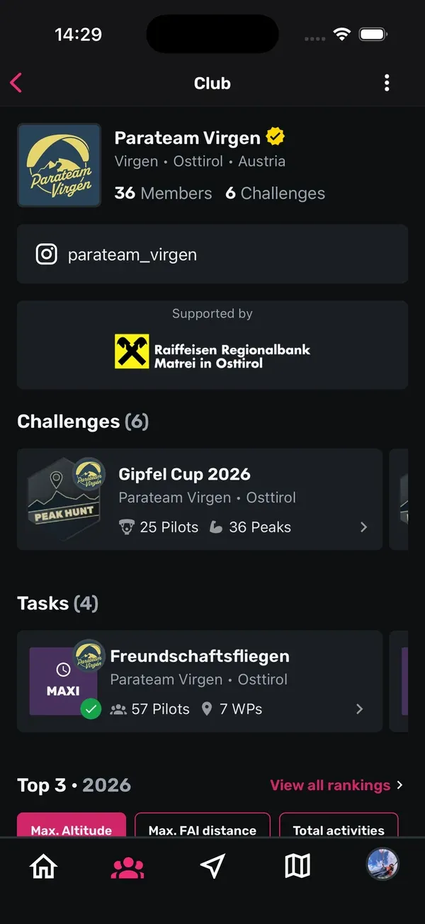 Club-Seite mit Kopfbereich, den Bereichen Challenges und Tasks und den Top 3