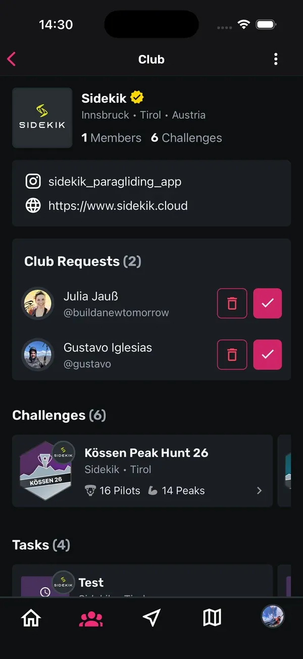 Club-Seite eines Admins mit dem Bereich Club Requests und den Buttons Mülleimer und Häkchen
