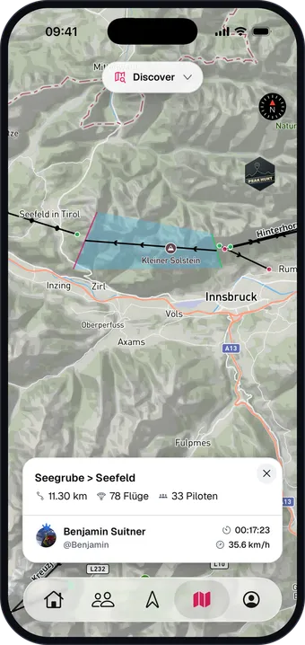 Segment Seegrube > Seefeld auf der Karte mit Flügen, Piloten und Bestzeit