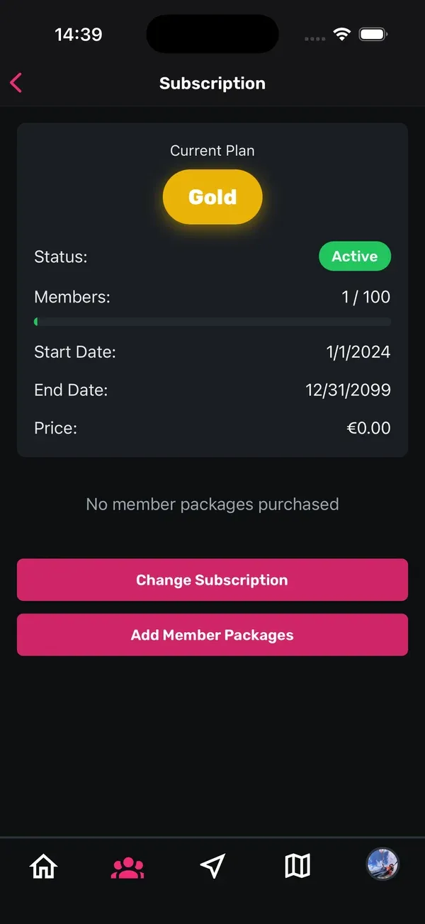 Abonnement-Bildschirm mit aktuellem Plan, Status, Mitgliedern und den Buttons Change Subscription und Add Member Packages