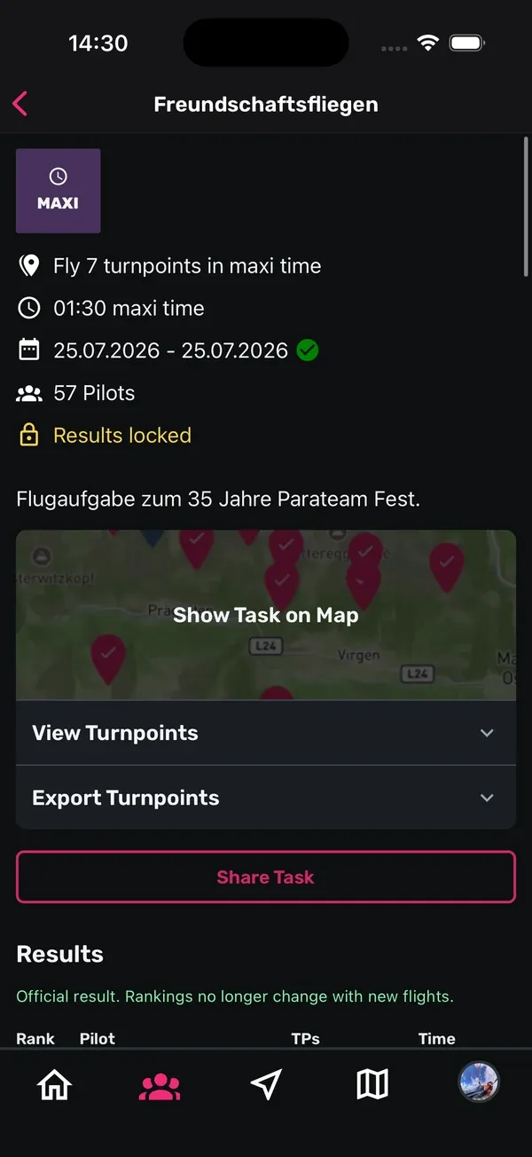 Seite eines Club-Tasks mit Typ, Zeit, Datum, Piloten, Show Task on Map, View Turnpoints und Export Turnpoints