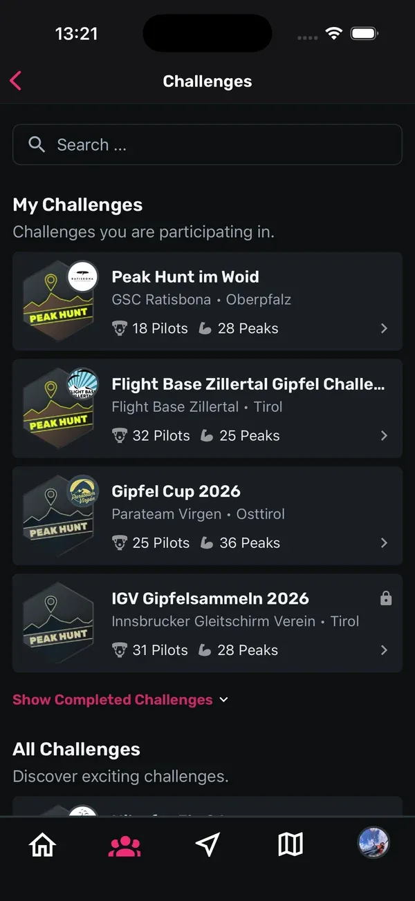 Challenges-Liste mit My Challenges und All Challenges