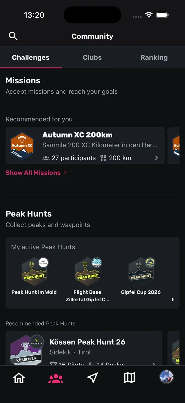 Community-Tab, Ansicht Challenges mit den Bereichen Missions und Peak Hunts