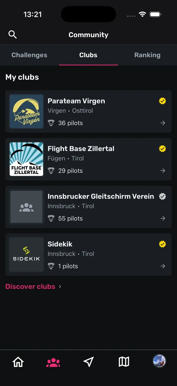 Community-Tab, Ansicht Clubs mit My clubs und dem Link Discover clubs