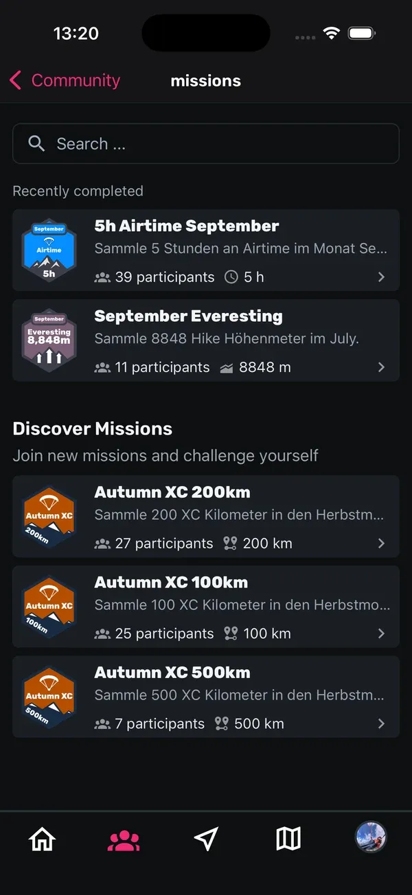 Missions-Bildschirm mit Recently completed und Discover Missions