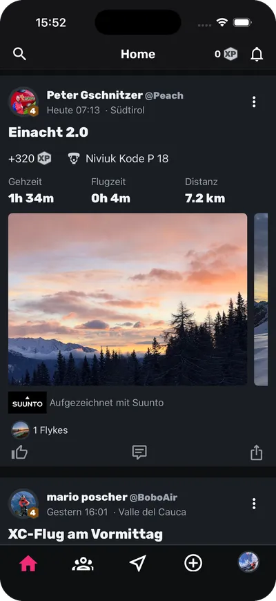 Sidekik home feed with flights, stats and flykes