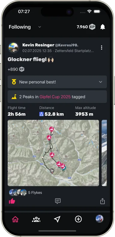 Sidekik Home-Feed: Hike&Fly Posts und Community