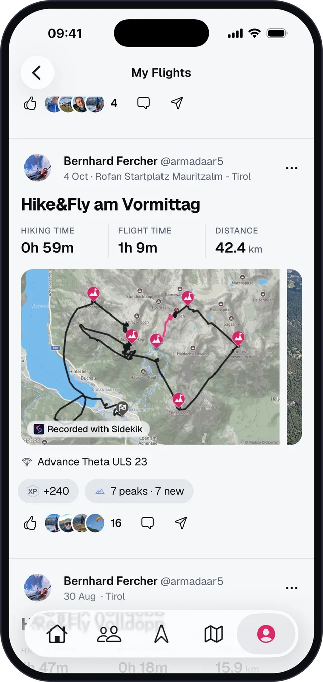 Sidekik Home-Feed: Hike&Fly mit 7 neuen Gipfeln