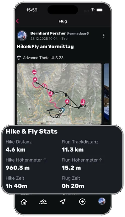 Hike & Fly analysis: map with hike and flight track, distance, altitude and times split