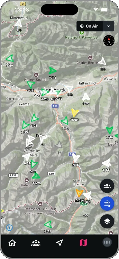 Livewind on the map: stations with direction, wind and gusts