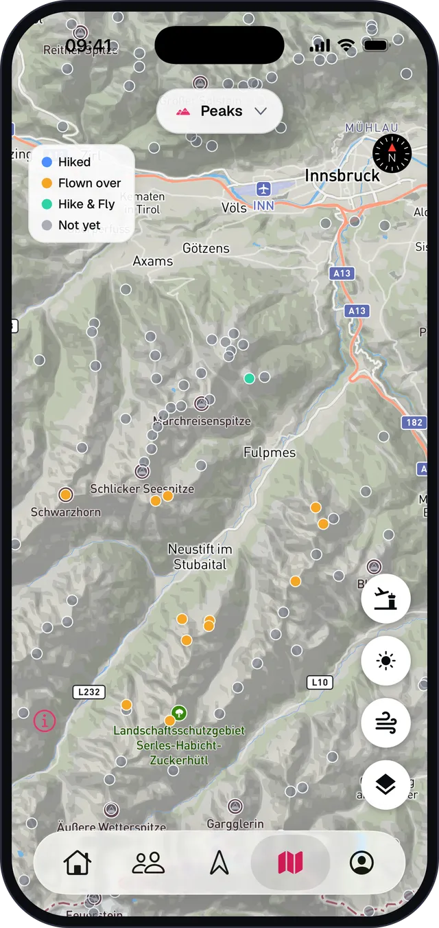 Peaks-Karte: gesammelte Gipfel farbig, offene grau