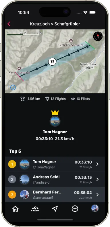 XC segment with map, crown and top-5 times