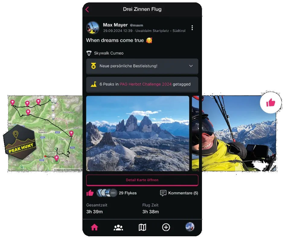 Sidekik flight post: Tre Cime flight with photos, Peak Hunt map, personal best and flykes