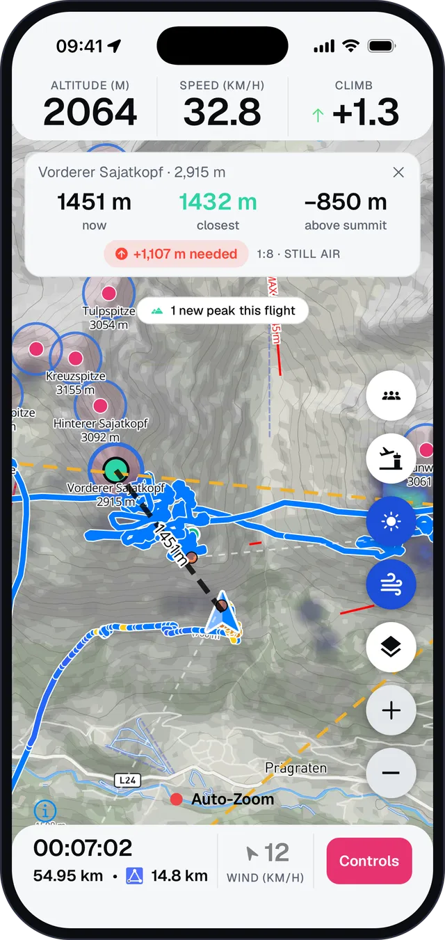 Sidekik Tracking: 14,8 km FAI-Dreieck, im Bart steigend, Ziel Vorderer Sajatkopf mit 1,5 km Distanz und der Höhe, die noch fehlt
