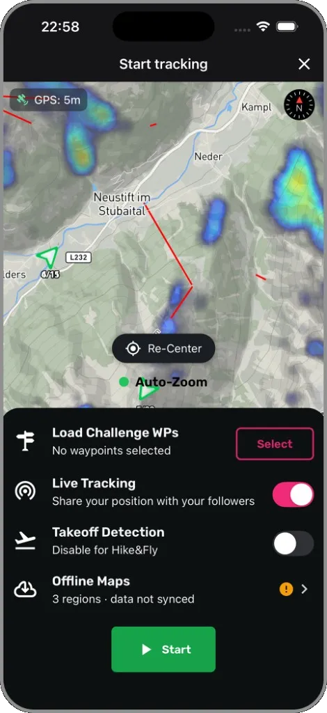Tracking starten: Challenge-Wegpunkte, Live Tracking und Offline Maps