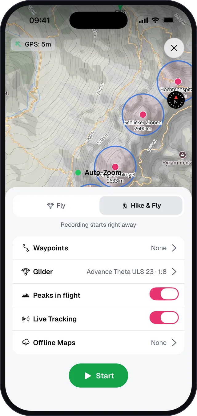 Tracking starten: Fly oder Hike & Fly, Wegpunkte, Peaks im Flug, Live-Tracking und Offline-Karten