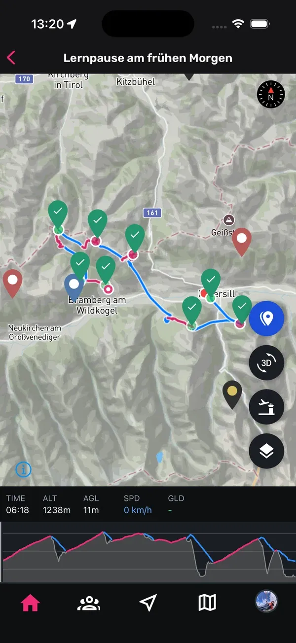 Karte eines Flugs mit grünen Häkchen auf den getaggten Gipfeln
