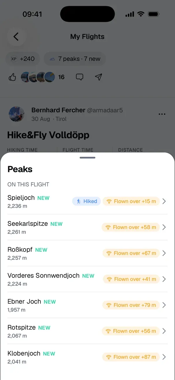Gipfel eines Flugs: jeder Gipfel mit NEU, Erwandert und Überflogen samt Höhe über dem Gipfel