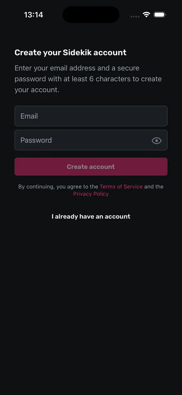 Bildschirm „Create your Sidekik account“ mit E-Mail- und Passwortfeld