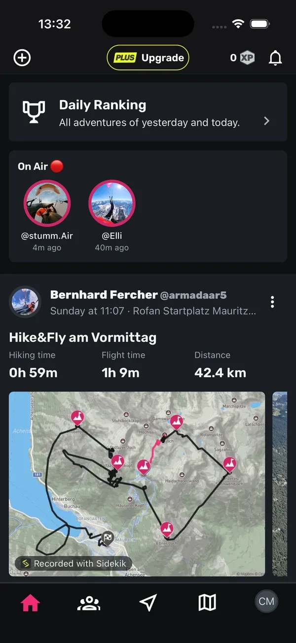 Home-Tab eines neuen Kontos mit Daily Ranking, On Air, Feed und Tab-Leiste