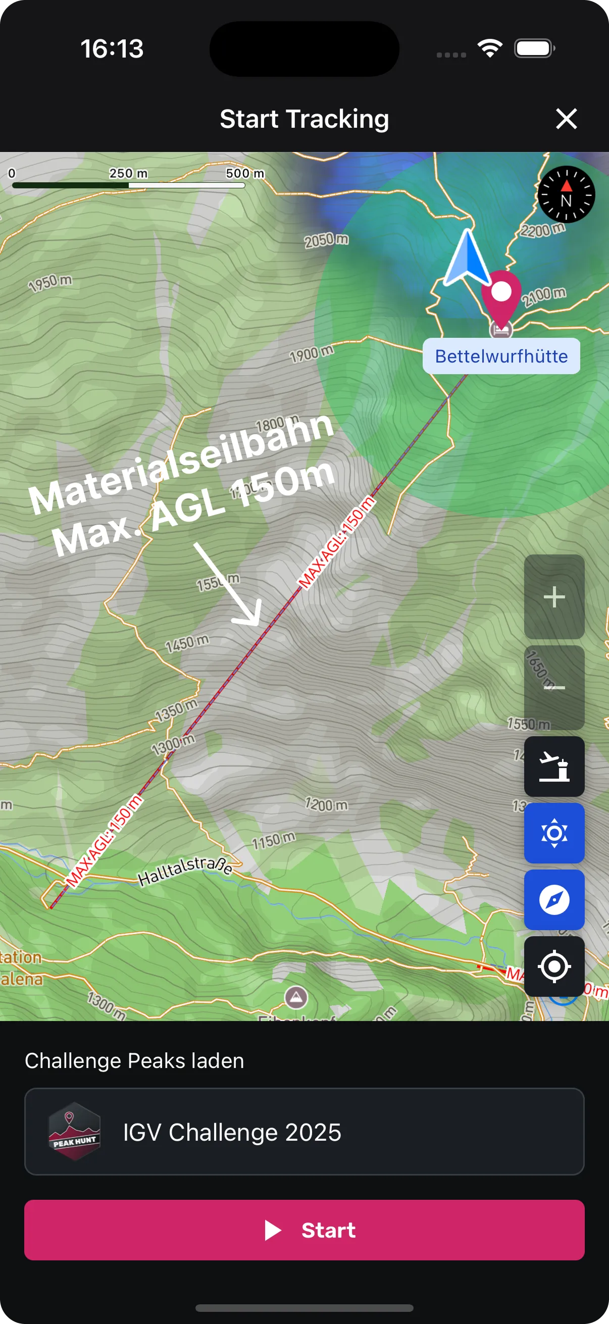 Hindernis-Anzeige mit Stromleitungen und Seilbahnen in der Sidekik Tracking-Karte
