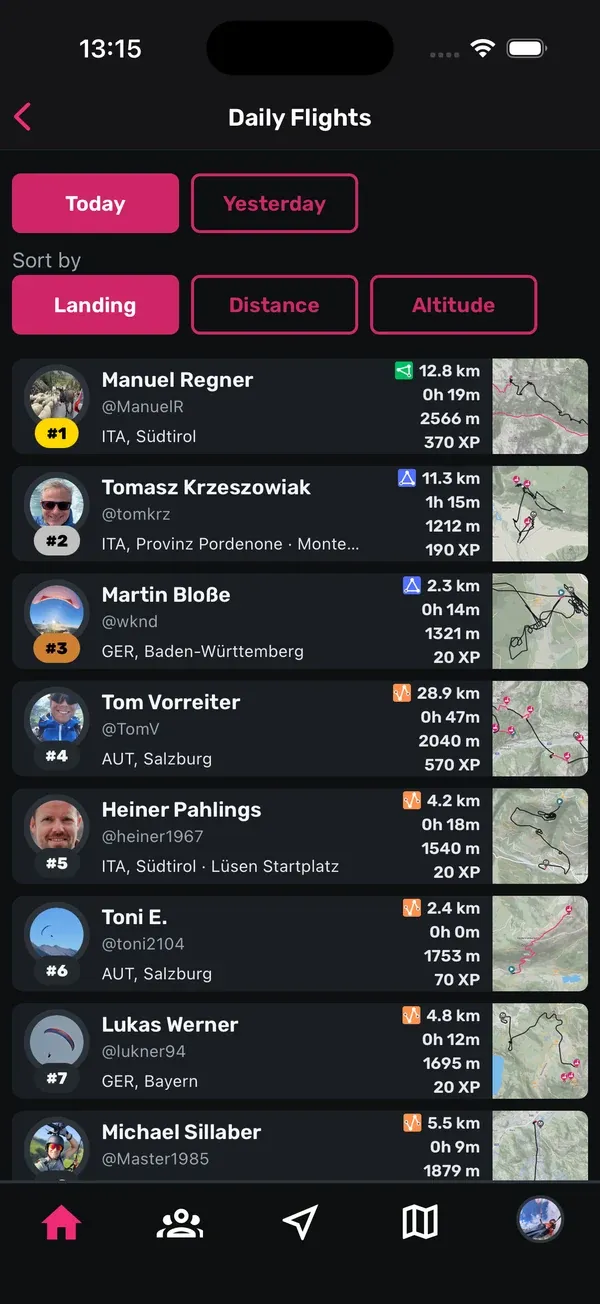 Daily Flights mit Today und Yesterday, sortiert nach Landing, Distance oder Altitude