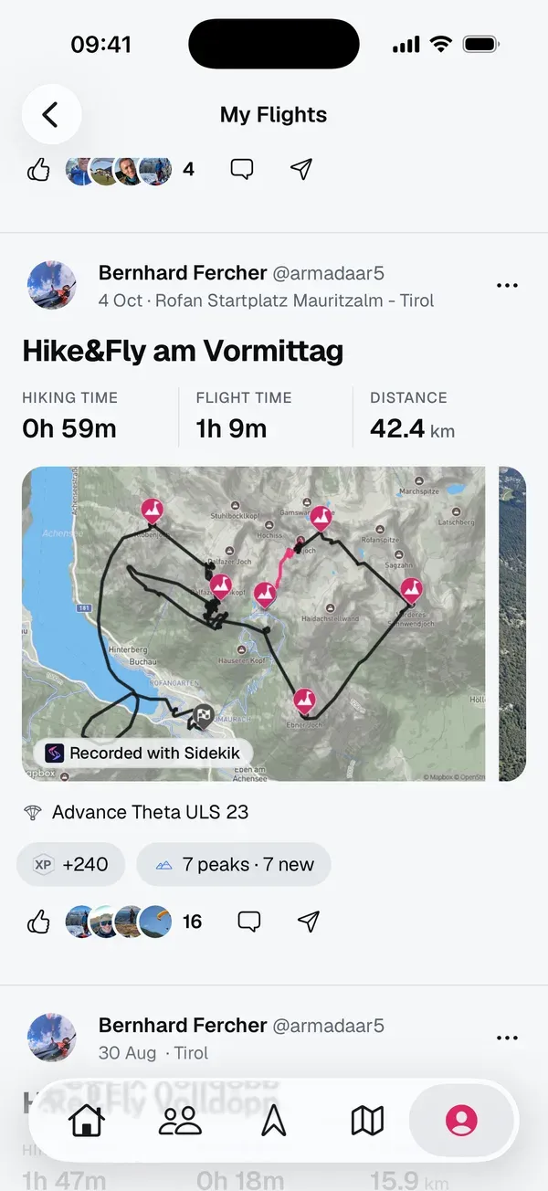 Flug im Feed mit Track, Gipfel-Markern, XP und dem Chip „7 Peaks · 7 neu“