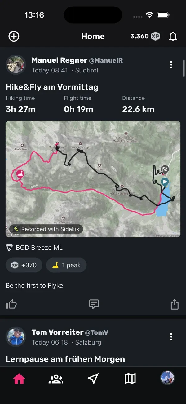 Feed im Home-Tab mit einer Hike-&-Fly-Karte samt Karte, XP und den Buttons für Flyke, Kommentar und Teilen