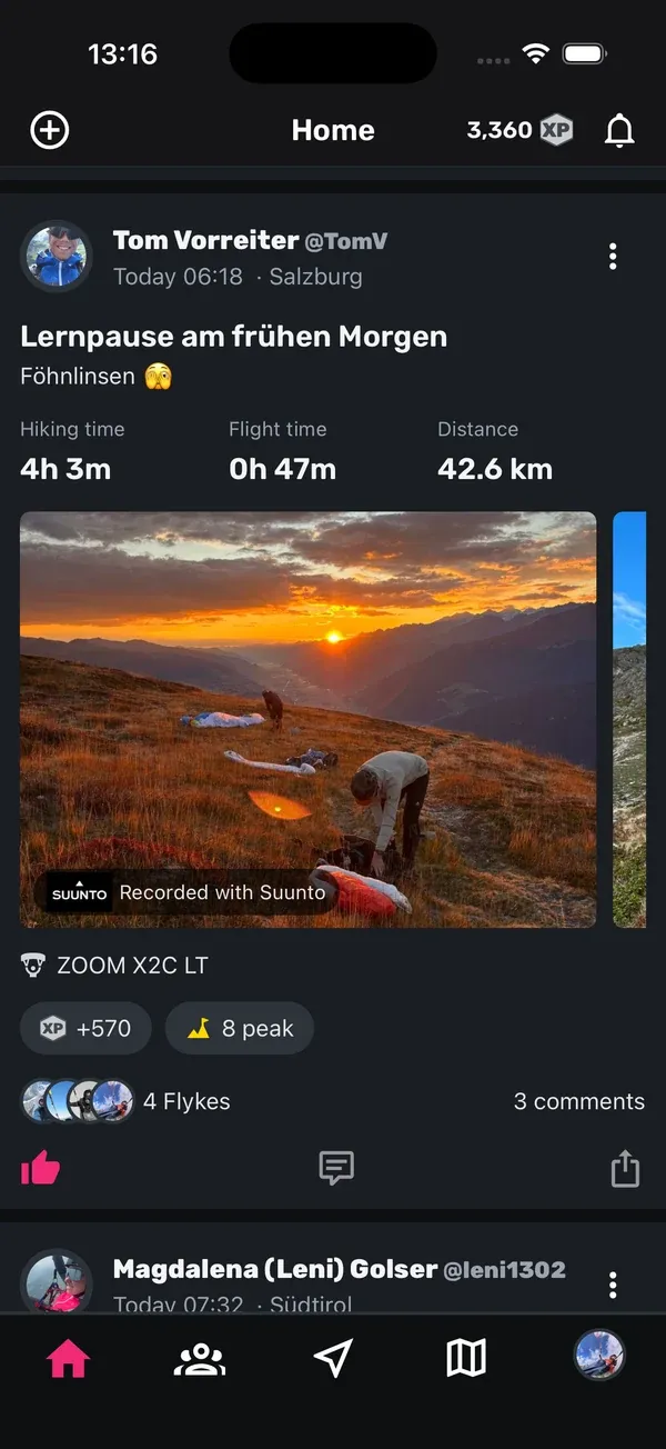 Flugkarte im Feed mit Foto, Flykes und Kommentaren