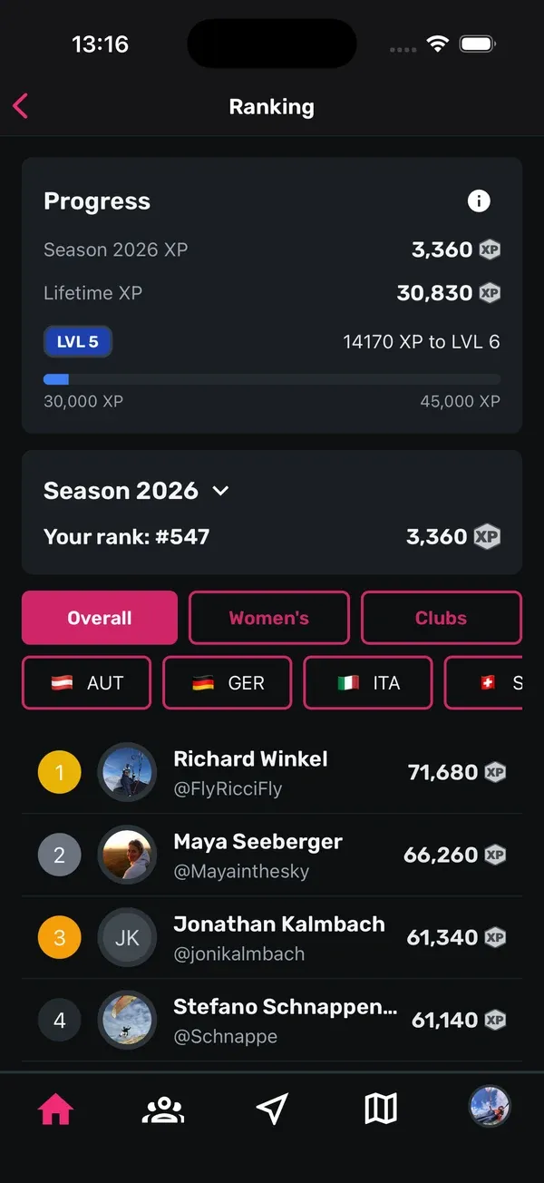 Ranking-Bildschirm mit der Progress-Karte, dem Rang in Season 2026 und den besten Piloten