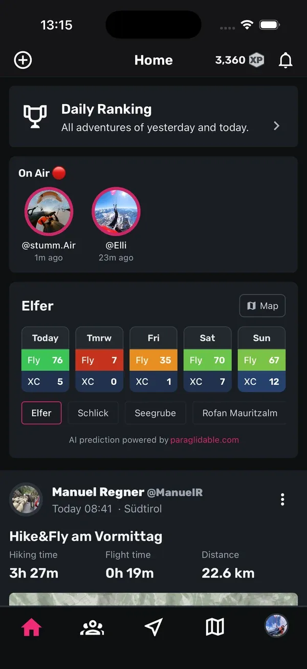 Home-Tab mit Daily Ranking, der On-Air-Zeile und dem Vorhersage-Widget mit Fly- und XC-Werten
