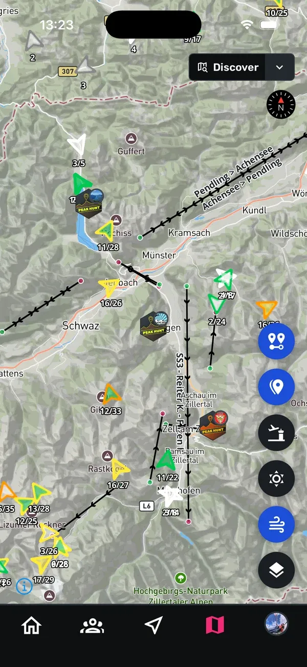 Karten-Tab im Layer Discover mit Challenges, Segmenten und Gipfeln