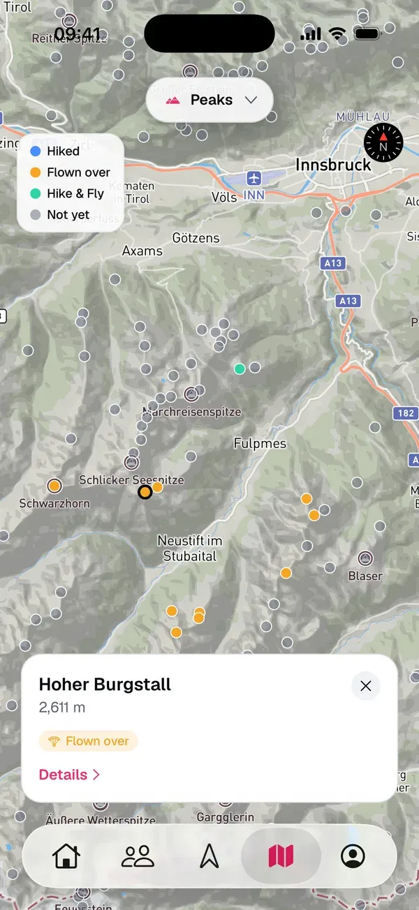 Karte eines Peaks mit Name, Höhe, Überflogen und dem Link Details