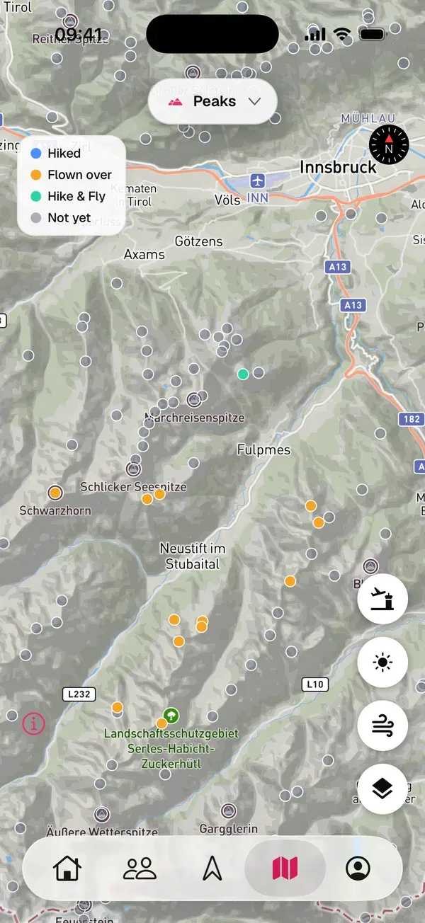 Tab Karten mit dem Layer Peaks: gesammelte Gipfel farbig, offene grau, mit Legende