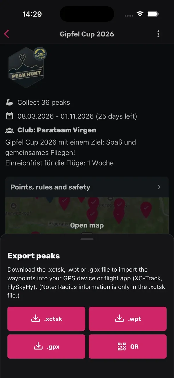 Export-peaks-Sheet mit den Buttons .xctsk, .wpt, .gpx und QR