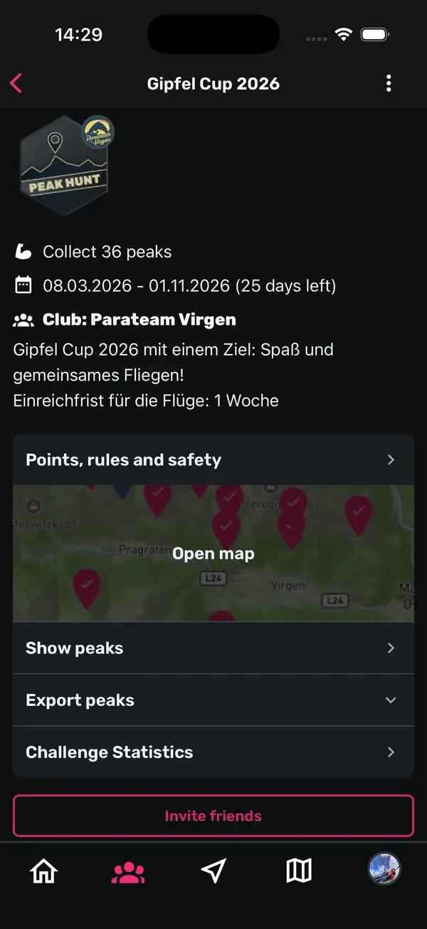 Peak-Hunt-Seite mit Zeitraum, Club, Kartenvorschau, Show peaks, Export peaks und Challenge Statistics
