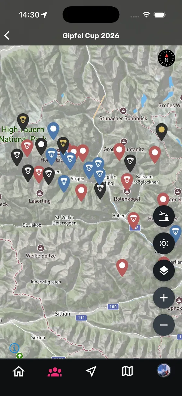Karte eines Peak Hunts mit allen Gipfeln als Marker