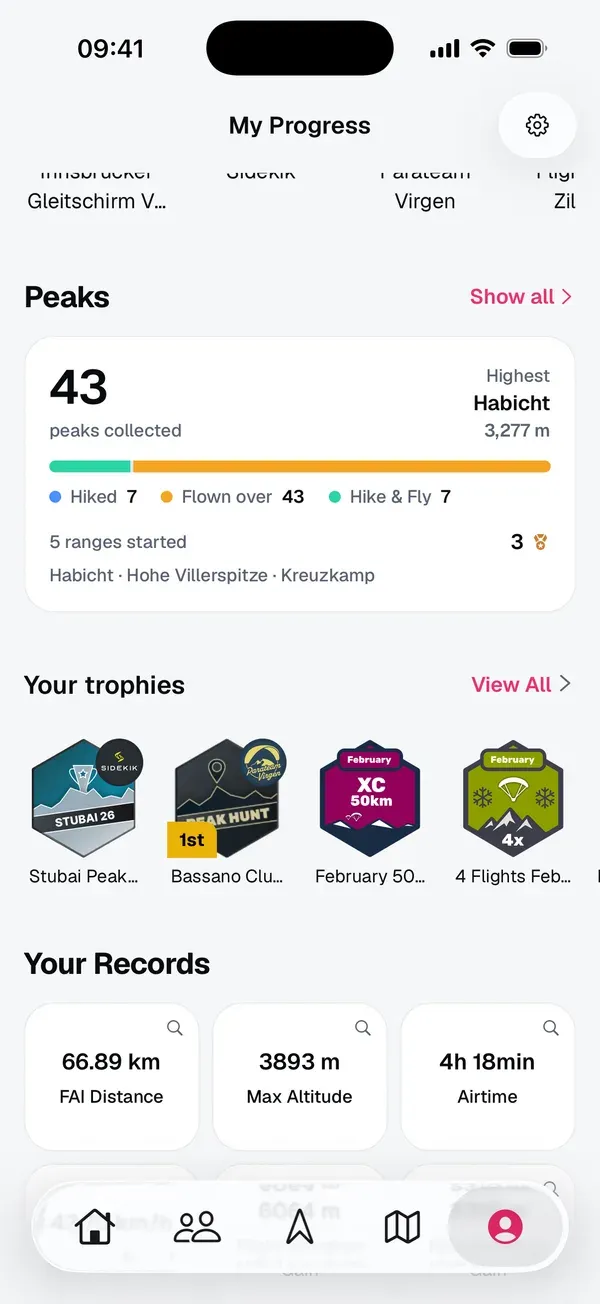 Peaks-Karte im Tab Du mit 43 gesammelten Gipfeln, dem höchsten Gipfel und der Aufteilung in erwandert, überflogen und Hike &amp; Fly