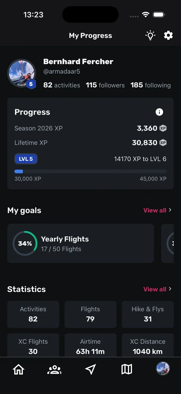 Du-Tab (My Progress) mit der Progress-Karte, Zielen und den Statistik-Feldern