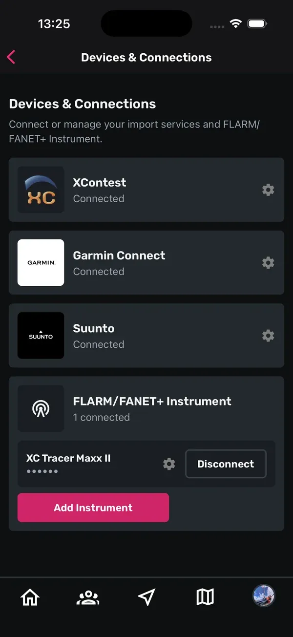 Bildschirm „Devices & Connections“ mit XContest, Garmin Connect, Suunto und dem Bereich FLARM/FANET+ Instrument