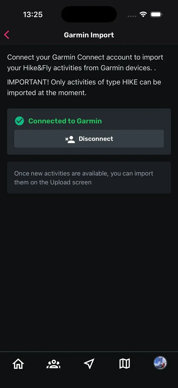 Bildschirm „Garmin Import“ mit Connected to Garmin und dem Button Disconnect