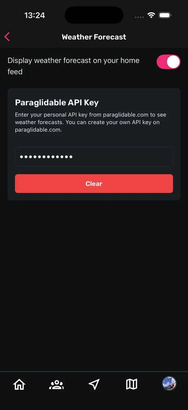 Wettervorhersage-Einstellungen mit dem Schalter für den Home-Feed und dem Feld Paraglidable API Key
